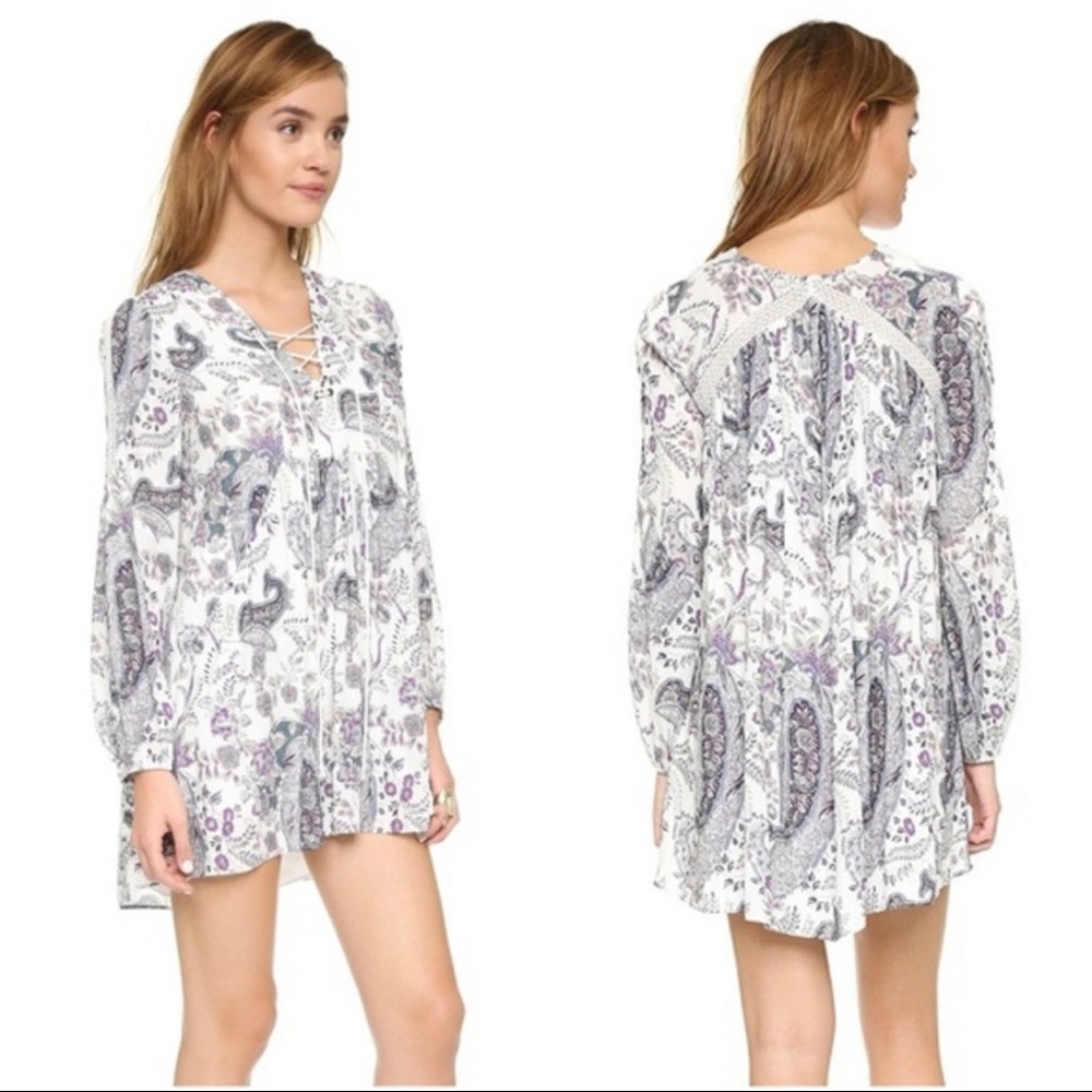 Free People Rain Or Shine Lace Up Long Sleeve Mini Dress Ivory Comb Size Small - Picture 2 of 11